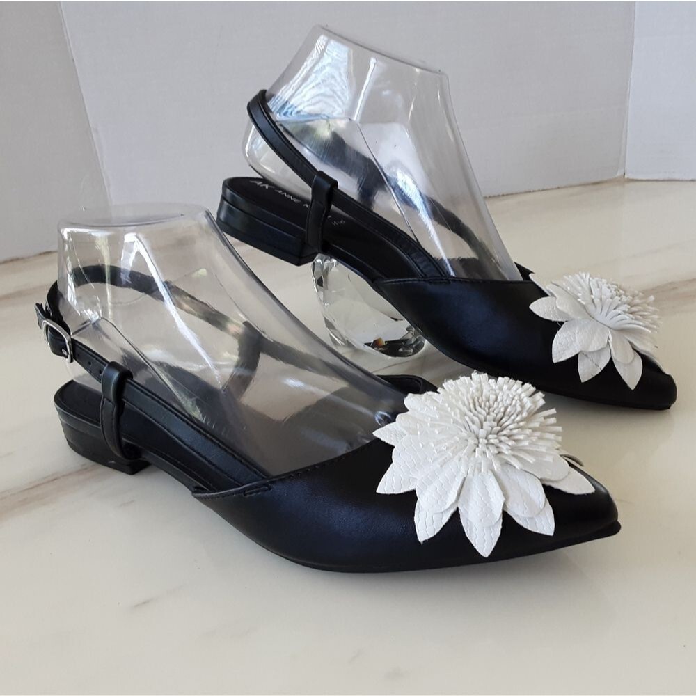 ANNE KLEIN Iflex Hibiscus Black | White Slingback Pointed Toe Flats Sz 8M
